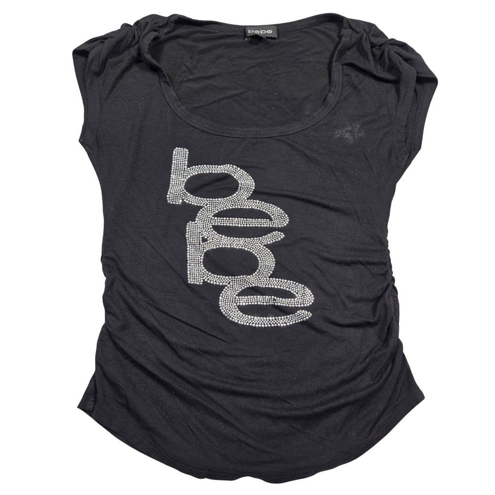 Vintage Bebe Y2k Rhinestone Ruched Side Short Sleeve Top Size M USA Bratz 2000s
